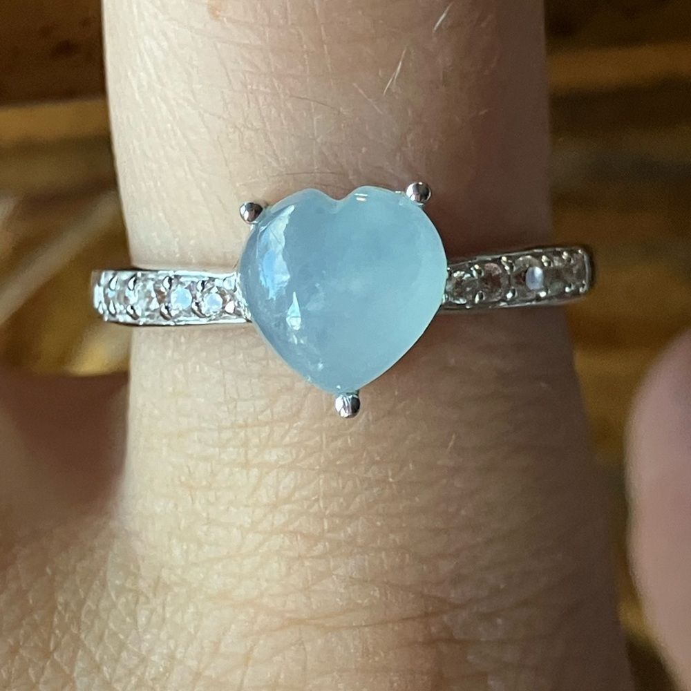 Genuine Aquamarine Sterling Silver Heart Ring Size 9